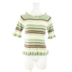 ワンアフター アナザー ナイスクラップ one after another NICE CLAUP ニット セーター リブ ラウンドネック 五分袖 フリル ボーダー F 緑 グリーン /AO15