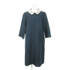 クチュールブローチ COUTURE BROOCH ワンピース ひざ丈 襟付き Vネック 七分袖 ベルスリーブ ワンポイント 花柄 シンプル 2way 38 紺 ネイビー /AH6