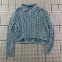 ◇ Θ ポロ ラルフローレン Polo Ralph Lauren ケーブルニット コットン ポロシャツ サックスブルー レディース E  【1601150029683】