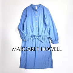 cY94 MHL. マーガレットハウエル バンドカラー シャツワンピース デニム ワンピース リボン ノーカラー ハーフボタン 長袖 青 ブルー エムエイチエル MARGARET HOWELL