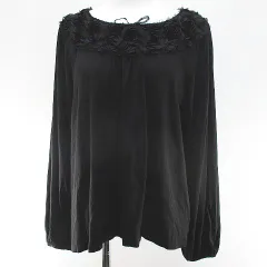 インゲボルグ INGEBORG 長袖 カットソー 11 黒系 ブラック 花 モチーフ レース リボン ギャザー ストレッチ