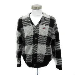 ビバリーヒルズ ポロクラブ BEVERLY HILLS POLO CLUB ニットカーディガン ミドル丈 Vネック チェック柄 ワンポイントロゴ刺繡 M 黒 ブラック 白 ホワイト /YS25