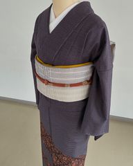 三花】未使用品 洗える着物 紫 桐生 高級ポリエステル 紗紬 裄68