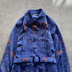 昭和レトロ ブルー小花柄 共布ベルト付き プリーツ長袖ロングワンピース