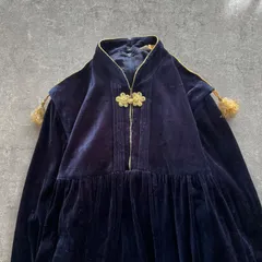 昭和レトロ ベロア風チャイナデザインワンピース ネイビー タッセル付 ロング丈