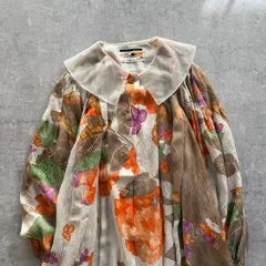 昭和レトロ花柄ロングワンピースオーガンジー丸襟×ブラウンベース オレンジフラワー