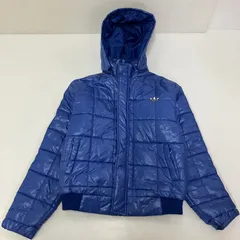 ◆ adidas アディダス ダウンジャケット アウター スリーストライプス 3本ライン ジップアップ フードあり ブルー OTサイズ メンズ 古着