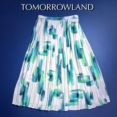 cY93 TOMORROWLAND 小さいサイズ ブラッシュ ペイント ウエスト ボタン プリーツスカート スカート 総柄 ロングスカート 春夏 サマースカート ホワイト 白 グリーン 緑 トゥモローランド