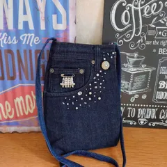 219☆ユーズドダークデニムリメイク☆サコッシュ☆ショルダーバッグ☆キラキラ飾り☆パール☆ポシェット☆