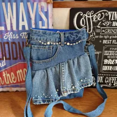 152★ユーズドダメージデニムリメイク★フリルショルダーバッグ★パール飾り★サコッシュ★ジーンズリメイク★