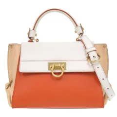 美品 サルヴァトーレフェラガモ ソフィア ガンチーニ FZ-21 D507 レザー オレンジ ホワイト 2way ハンドバッグ 1047 Salvatore Ferragamo