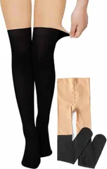 BAERU タイツ フェイクニーハイタイツ ニーハイソックス風 シアータイツ 透け防止 通学 女子高生 JK 高校生 防寒 80デニール (ブラック,  M-L Regular)