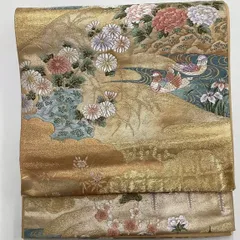 ［6708］袋帯 山水花鳥文様 金 六通 逸品 正絹 着物 フォーマル