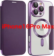 【REHOOF】iPhone 16 pro max ケース 手帳型 magsafe対応 6.9インチ 背面 透明 クリア パープル