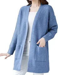 RICOLUS カーディガン ロング丈 ニット アウター 長袖 ロングカーディガン ニットカーディガン (ブルー,  M)