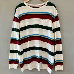 00's TOMMY HILFIGER トミーヒルフィガー マルチカラーボーダーロンTeeカットソー Tシャツ 長袖 L/S 赤 緑 白 メンズ XLサイズ