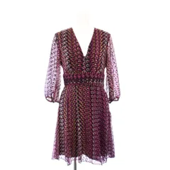 ダイアンフォンファステンバーグ DIANE von FURSTENBERG フレアワンピース ひざ丈 七分袖 Vネック シアー シースルー 総柄 シルク 2 紫 パープル 黒 ブラック /BB