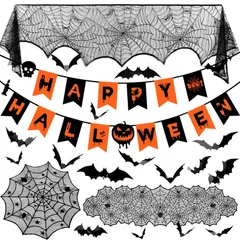 METBOU ハロウィン テーブルクロス 64点セット 飾り テーブルランナー 蜘蛛の巣 装飾 ガーランド コウモリ ステッカー パーティー デコレーション
