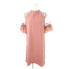 リリーブラウン Lily Brown ワンピース ミニ ハイネック 五分袖 フレアスリーブ リボン チュール シフォン 刺繍 花柄 F ピンク /MN6 ■GY43