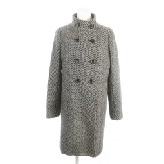 ナチュラルビューティーベーシック NATURAL BEAUTY BASIC スタンドカラーコート ツイード L 黒 ブラック 白 ホワイト ロング /MN3 ■GY58