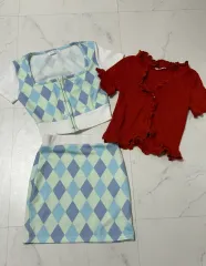 服 まとめ 6点 ダイヤ パータン クロップド トップス + ミニスカート + カーディガン