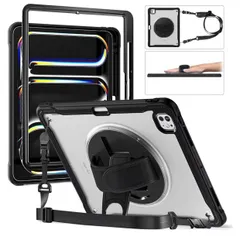 iPad Air 13インチ2025/2024（M3 M2）用ケース 360°回転ベルト 肩掛け ショルダー ペンシル 収納 iPad Pro12.9インチ 第 6 5 4 3 世代用ケース 耐衝撃 背面半透明 カバー 縦置き 横置き スタンド