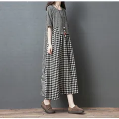ワンピース レディース 綿麻風 半袖 チェック柄 ロング丈 マキシ丈 ゆったり 体型カバー きれいめ 森ガール 大人 通勤 通学 カジュアル