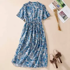 ワンピース シャツワンピース 花柄 レディース 総柄 ミモレ丈 半袖 ロングワンピース スタンドカラー 綿麻風 夏 大きいサイズ ゆったり 体型カバー 大人可愛い ふんわり きれいめ リゾート 未使用