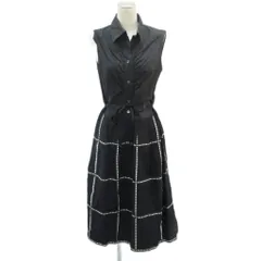 エムズグレイシー M'S GRACY シャツワンピース 40 黒 ブラック ノースリーブ スキッパーカラー 無地 ウィンドウペン柄 切替 ベルト付き ロング丈 /YS21 ■GY61