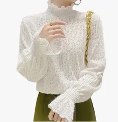 セーター レディース タートルネック - ニット 長袖 トップス フリル ゆったり デザインセンス 無地 肌に優しい 柔らかい肌触り 伸縮性良い