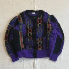 〜90s　vintage　ヴィンテージ　花　アシンメトリー　アートモチーフ　ロープ　ラメライン　ぽんぽん　立体編み　ハンドニット　モヘア　丸首カーディガン　短丈　パワーショルダー　昭和レトロ　グランジ　3d art design knit cardigan