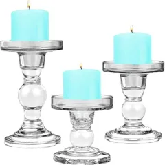 【3点セット】ガラス製キャンドルホルダー スタンド クリア 燭台 ロマンチックな