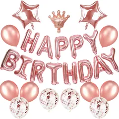 飾り シンプル Happy Birthday セット 女の子王冠 バルーン30点風船 紙吹雪風船 パーティー バースデー グッズ 女の子 かざりつけ お祝いお誕生日 飾り付け 装飾 誕生日 (ローズゴールド)