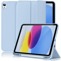 ケース 三つ折りスタンド ケース ペンシル収納 第10世代 ホルダー付き ipad スリープ機能 ipad 軽量 11/10.9インチ 2022 薄型 2025 傷つけ防止 (A16) PU合成レザー 10世代 スカイブルー 11世代