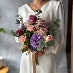 【レンタル戻り】くすみピンク×紫クラッチブーケ☆ブートニア