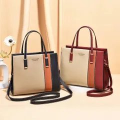 【５色】配色ハンドバッグおしゃれ PUレザー レディース★スクエアバッグ上品 手提げかばん