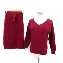 マイストラーダ Mystrada セットアップ 上下 ニット カットソー 長袖 Vネック タイトスカート ミモレ丈 ベルト付き 36 S ボルドー /SY7