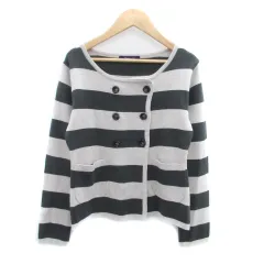 ユナイテッドアローズ UNITED ARROWS ニットカーディガン ラウンドネック ミドル丈 ボーダー柄 ダブルボタン 38 M グレー モスグリーン /HO53