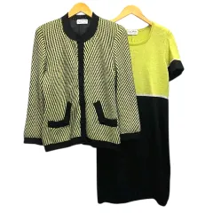 GLORIA NEWYORK アンサンブルニット ジャケット ワンピース 長袖 半袖 膝丈 緑 グリーン 黒 ブラック 