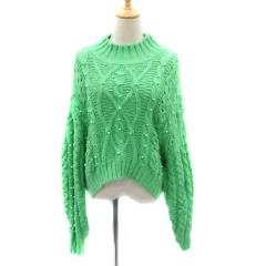 ザラ ZARA ニット セーター 長袖 ハイネック パールビーズ ケーブル編み L イエローグリーン 黄緑 /YK3