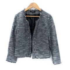 ロートレアモン LAUTREAMONT ノーカラージャケット ミドル丈 ツイード フリンジ 38 M 黒 ブラック /SM26