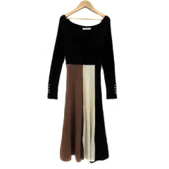 ロイヤルパーティー ROYAL PARTY リブニットワンピース ロング丈 長袖 Vネック 切替 F マルチカラー 黒 ブラック /YS20