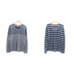 グリーンレーベルリラクシング ユナイテッドアローズ green label relaxing ニット カットソー Vネック 長袖 リバーシブル 総柄 ボーダー柄 L グレー 紺 ネイビー /HO2