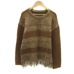ケービーエフプラス KBF＋ アーバンリサーチ ニット セーター 長袖 ラウンドネック ネイティブ柄 フリンジ オーバーサイズ One ライトブラウン ベージュ /YS29