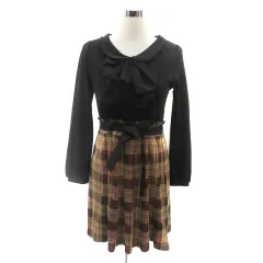 ジャイロホワイト JAYRO white ワンピース ミニ丈 長袖 切替 ウエストリボン チェック柄 M マルチカラー 黒 ブラック /YK34