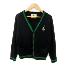 メゾンドリーファー MAISON DE REEFUR ニットカーディガン ミドル丈 Vネック 無地 ワッペン ウール混 黒 ブラック /SY27