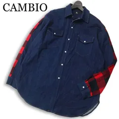 CAMBIO カンビオ 秋冬 ネル チェック切替★ 長袖 オーバーサイズ デニム ワーク シャツ Sz.M メンズのサムネイル