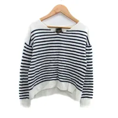 エニィファム anyFam ニット セーター Vネック 長袖 ボーダー柄 ウール混 F オフホワイト 紺 ネイビー /HO22