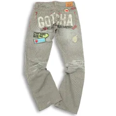 GOTCHA ガッチャ ロゴ ワッペン★ ダメージ加工 ヒッコリー ストライプ デニム パンツ ジーンズ Sz.L メンズ サーフ