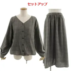 グローバルワーク GLOBAL WORK セットアップ 上下セット シャツ ノーカラー 長袖 スカート フレア ロング丈 ウエストゴム グレンチェック グレー ブラック 黒 ブラウン 茶 L